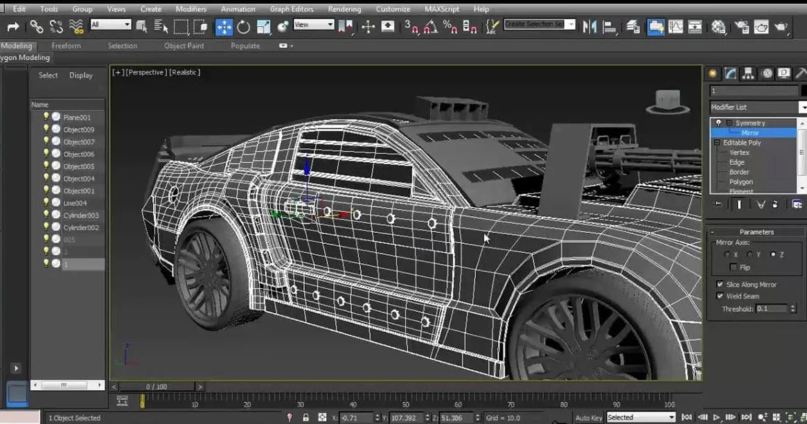 Interface do 3ds Max exibindo a modelagem em wireframe de um carro esportivo