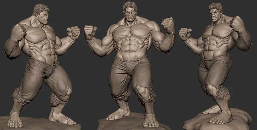 Modelo 3D esculpido do personagem Hulk com pose agressiva em três ângulos