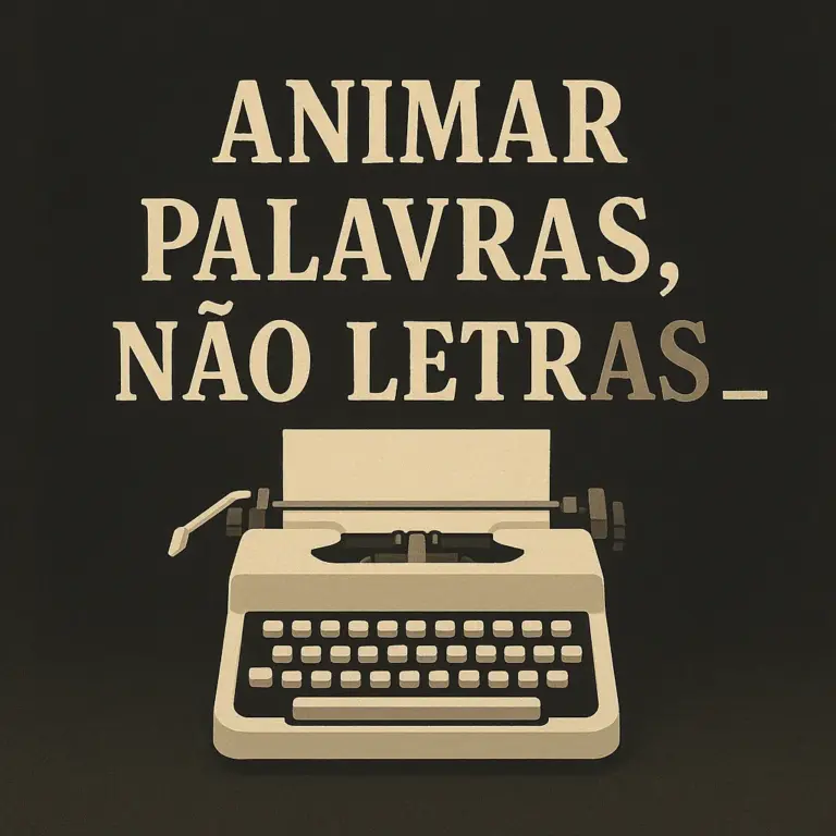 A retro-style 2D illustration showing a cream-colored typewriter below the phrase "ANIMAR PALAVRAS, NÃO LETRAS" appearing word by word on a dark textured background.