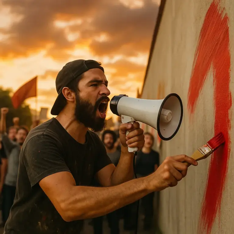 Um artista barbudo do sexo masculino grita em um megafone enquanto pinta um traço vermelho em uma parede durante um protesto ao pôr do sol, com uma multidão levantando os punhos atrás dele.