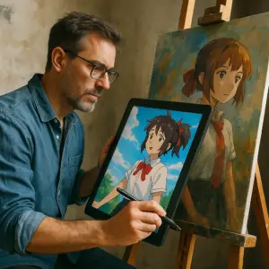 Um artista masculino concentrado trabalha em um personagem de anime digitalmente em um tablet enquanto pinta o mesmo personagem tradicionalmente em uma tela em um estúdio ensolarado.