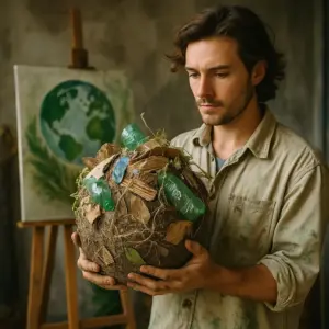 Um jovem artista do sexo masculino segura uma escultura esférica feita de materiais reciclados em um estúdio rústico, com uma pintura da Terra ao fundo.