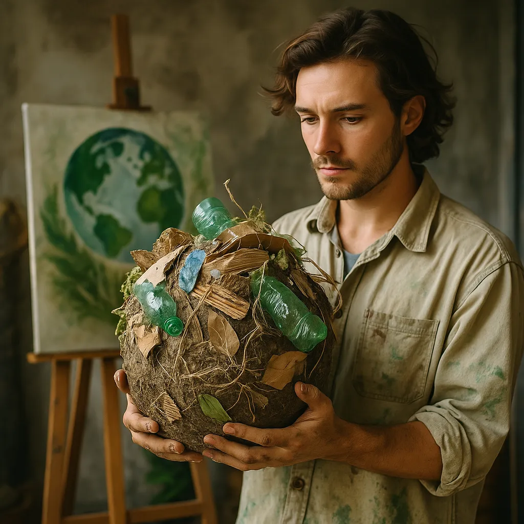 Um jovem artista do sexo masculino segura uma escultura esférica feita de materiais reciclados em um estúdio rústico, com uma pintura da Terra ao fundo.