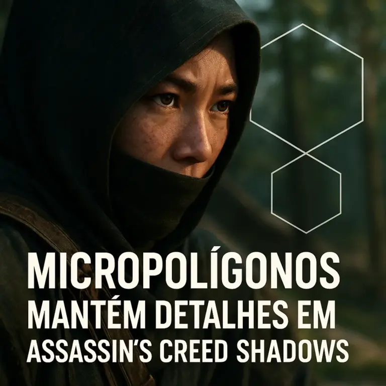 Close-up of a female assassin in dark hooded clothing from Assassin's Creed Shadows, with detailed skin textures and geometric overlays representing micropolygon technology.