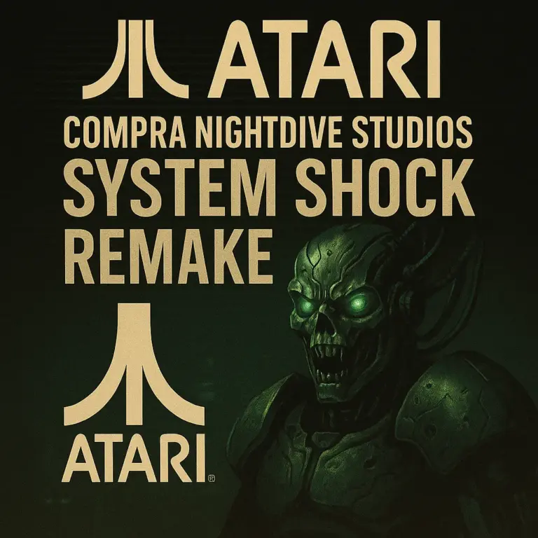 Um poster retro-futurista sombrio que mostra o logótipo da Atari, a frase “System Shock Remake” e uma figura robótica sinistra com olhos verdes brilhantes.