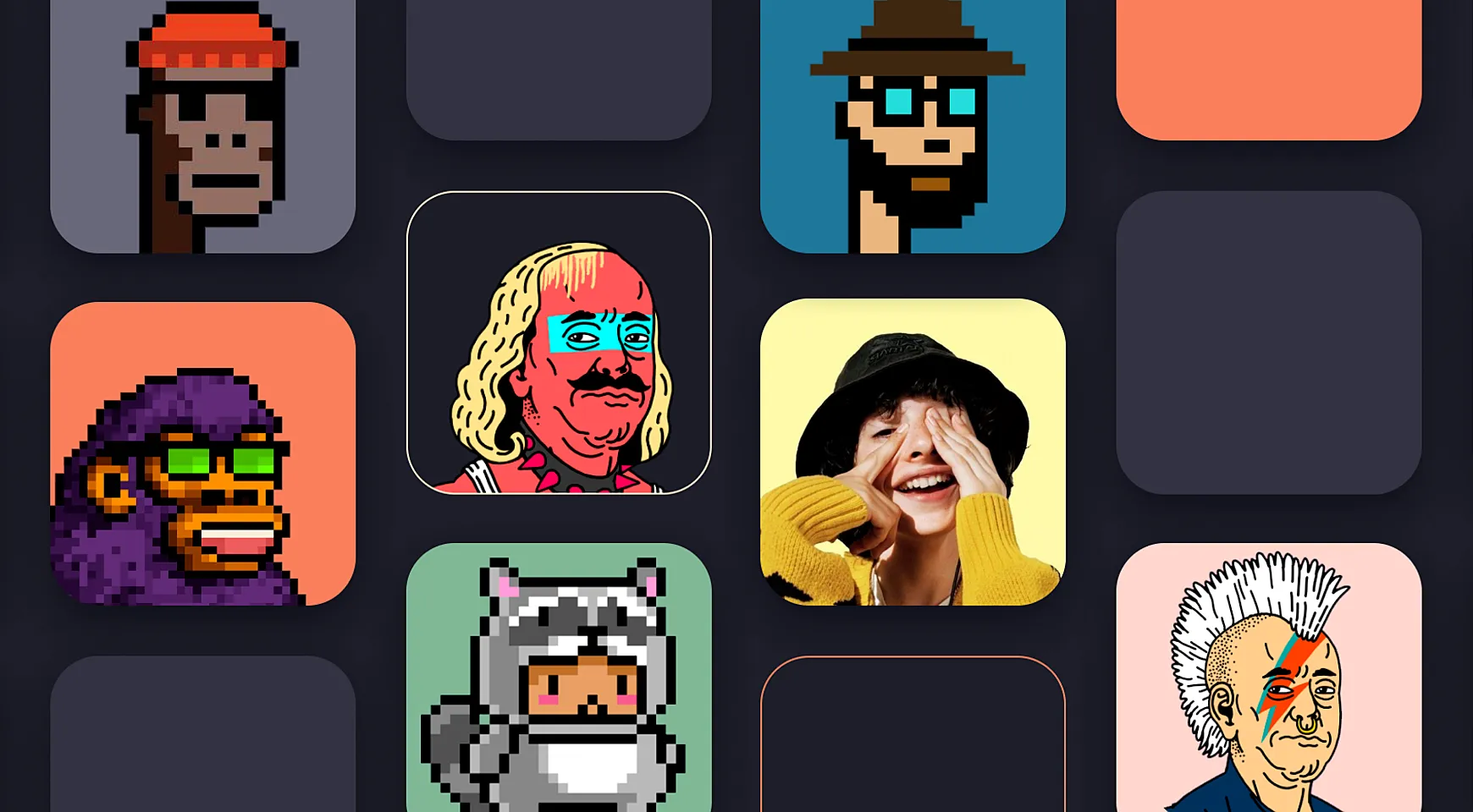 Avatares NFT em diversos estilos, incluindo pixel art, cartoon e arte digital pop, representando coleções com identidade visual única