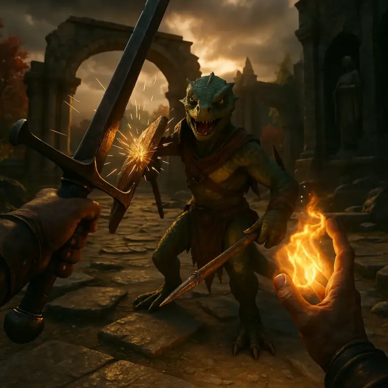 Uma cena de RPG de fantasia na primeira pessoa que mostra um jogador a lutar com espadas contra um inimigo reptiliano enquanto conjura magia de fogo, num cenário de ruínas antigas ao pôr do sol.