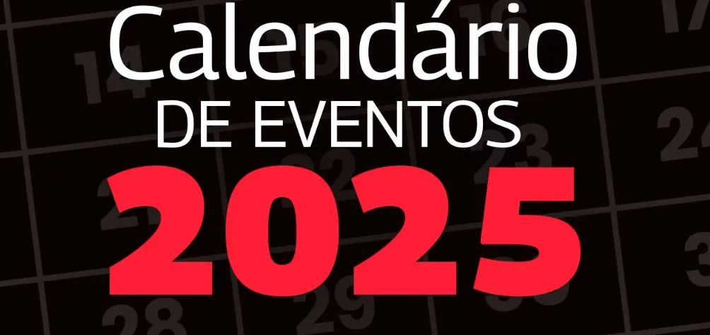 Calendário de Eventos 2025" em destaque sobre fundo de calendário preto.