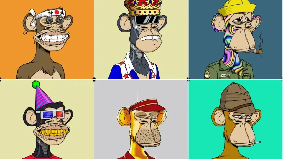 Variações visuais de macacos em estilo cartoon para coleção NFT, cada um com acessórios únicos e traços distintos
