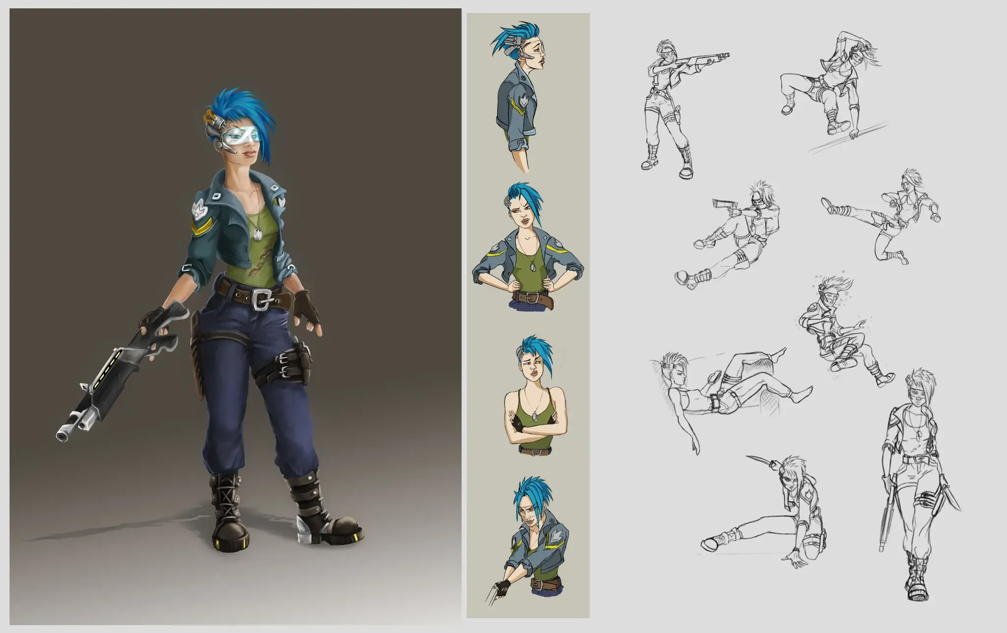 Arte conceitual de personagem feminina em estilo cyberpunk, com visual detalhado, expressões faciais e esboços de movimento em diversas poses de ação
