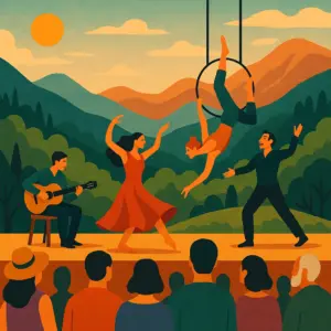 A vibrant outdoor performance in the Portuguese mountains with dancers, a guitarist, and an aerial artist performing before a diverse audience, set against green hills and sunset-lit peaks.