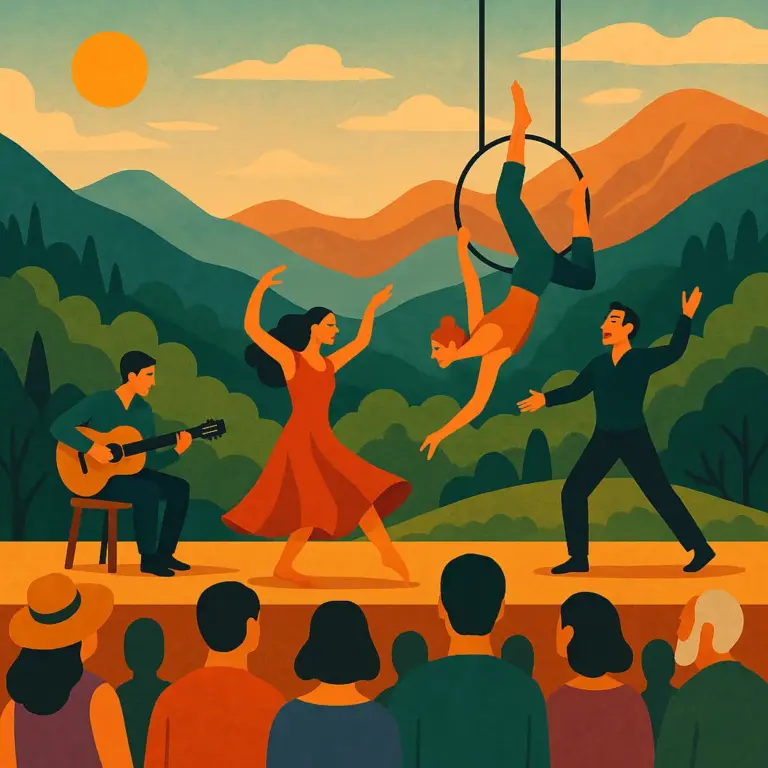 A vibrant outdoor performance in the Portuguese mountains with dancers, a guitarist, and an aerial artist performing before a diverse audience, set against green hills and sunset-lit peaks.