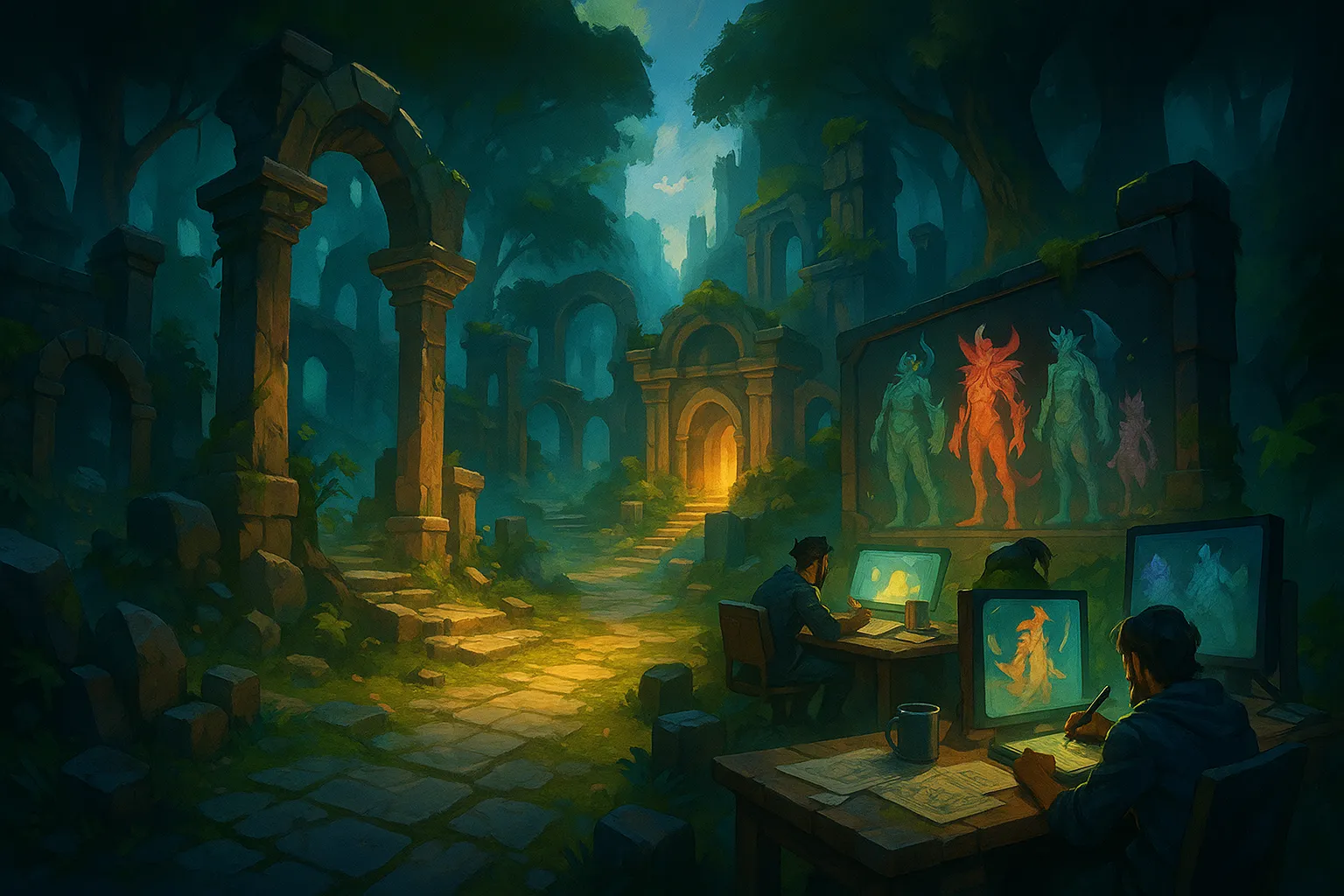 Alt: Artistas digitais criando criaturas e cenários fantásticos em ruínas iluminadas por fogo, integrando arte 2D com atmosfera mística