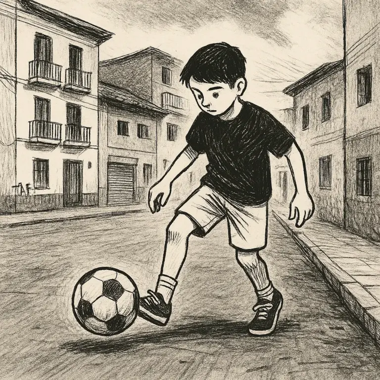 Texto alternativo (inglês): Um rapaz a driblar uma bola de futebol sozinho numa rua tranquila do Equador, ilustrado com uma mistura de linhas de esboço e texturas de fotografias reais, evocando a nostalgia do início dos anos 2000.