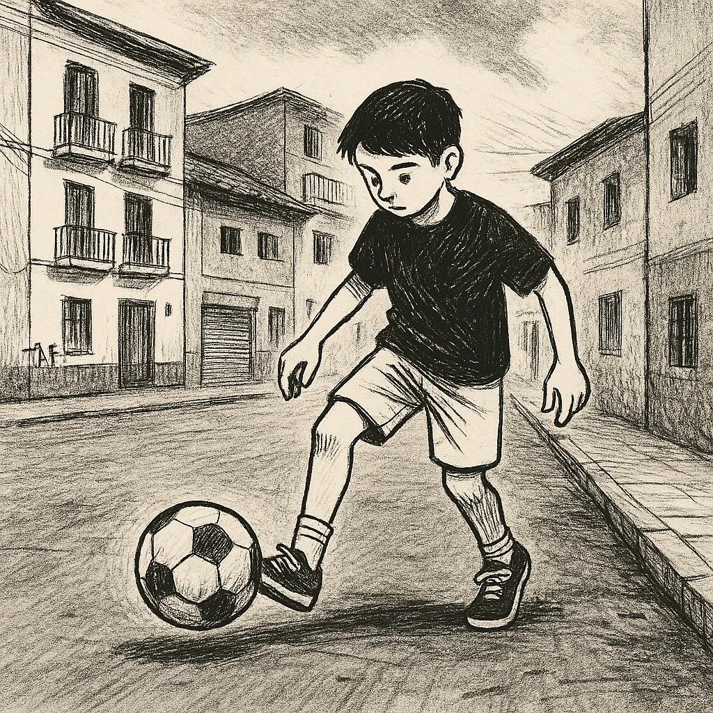 Texto alternativo (inglês): Um rapaz a driblar uma bola de futebol sozinho numa rua tranquila do Equador, ilustrado com uma mistura de linhas de esboço e texturas de fotografias reais, evocando a nostalgia do início dos anos 2000.