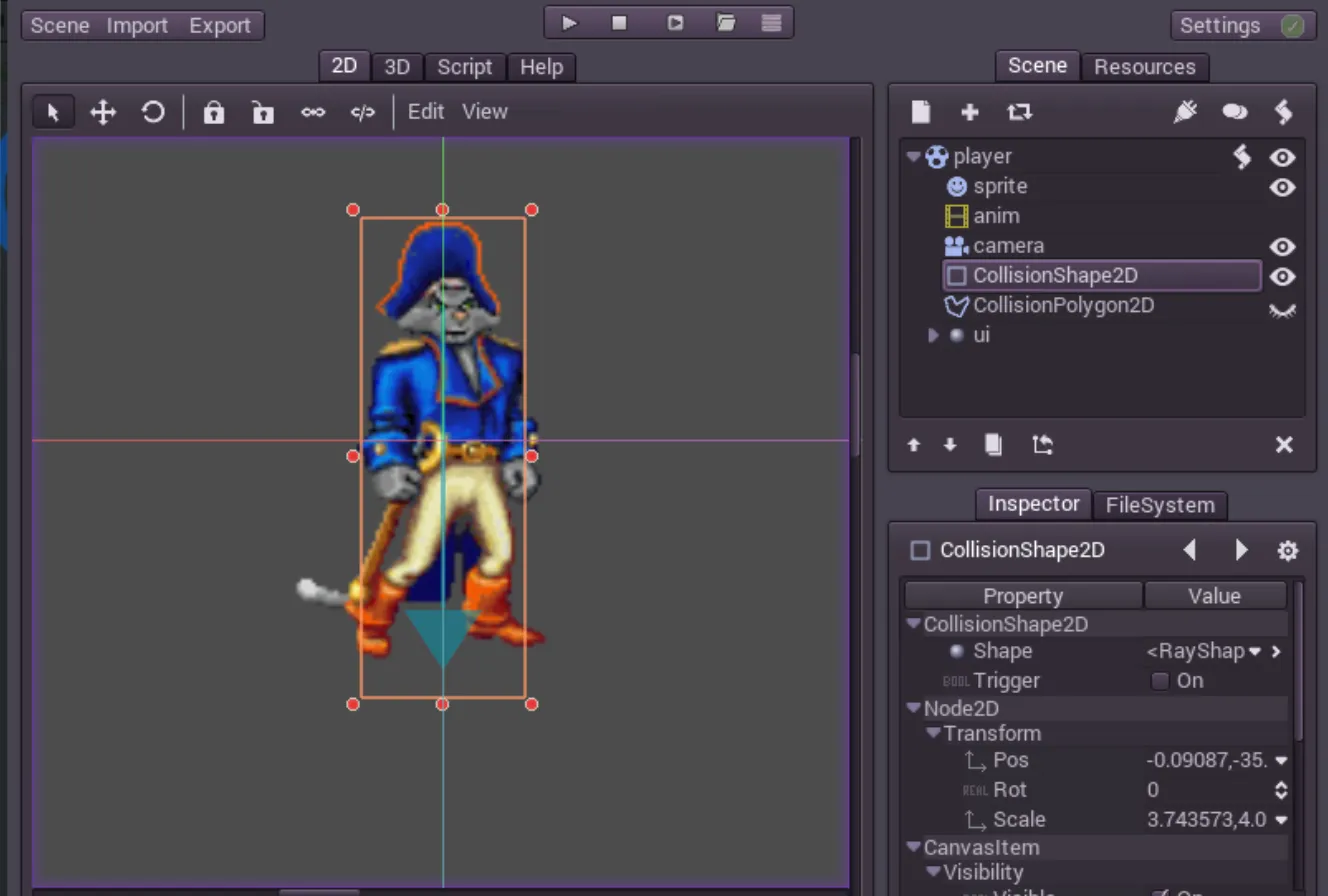 Alt: Interface do Godot Engine exibindo personagem 2D com hitbox e propriedades de colisão configuradas
