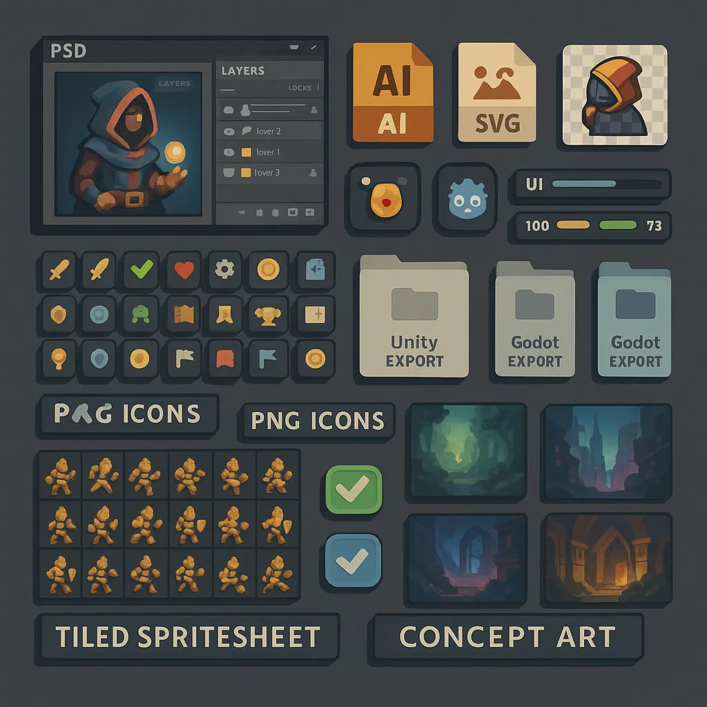 Alt: Interface com sprites, ícones, arquivos PSD, AI e exportações para Unity e Godot, ilustrando o formato técnico da arte 2D entregue