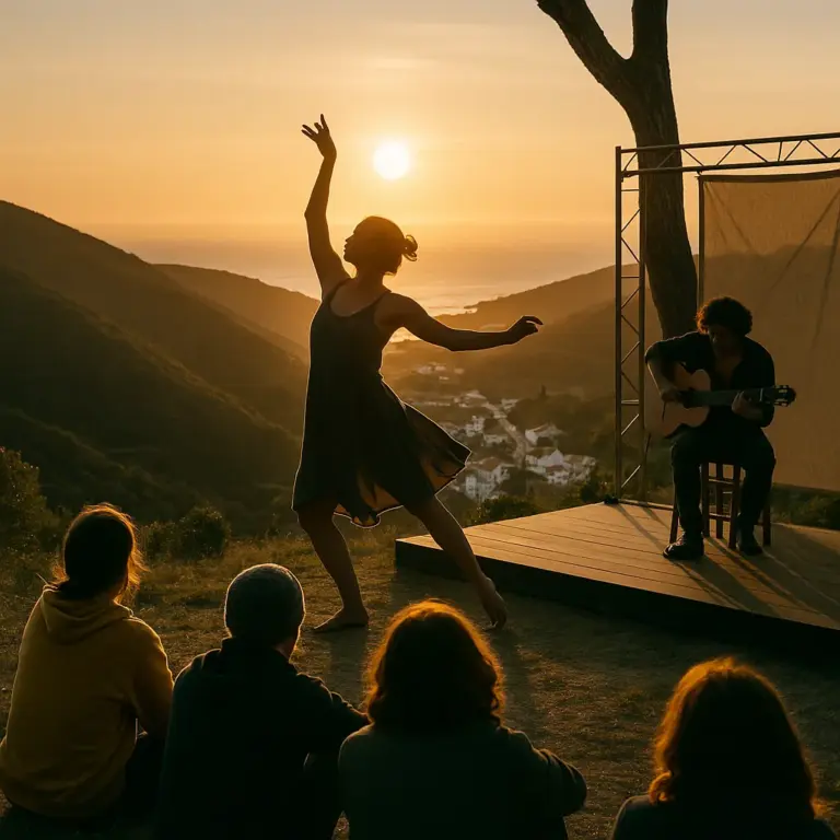 Uma fotografia capta uma atuação teatral ao ar livre, ao pôr do sol, numa encosta perto do oceano, com um bailarino, um guitarrista e um público sentado.