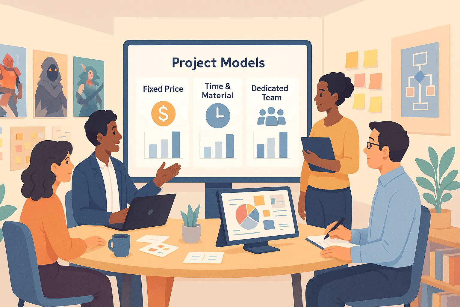 Equipe discutindo modelos de negócio em sala de reunião com tela mostrando Preço Fixo, Time & Material e Equipe Dedicada, ambiente moderno com gráficos e anotações visuais