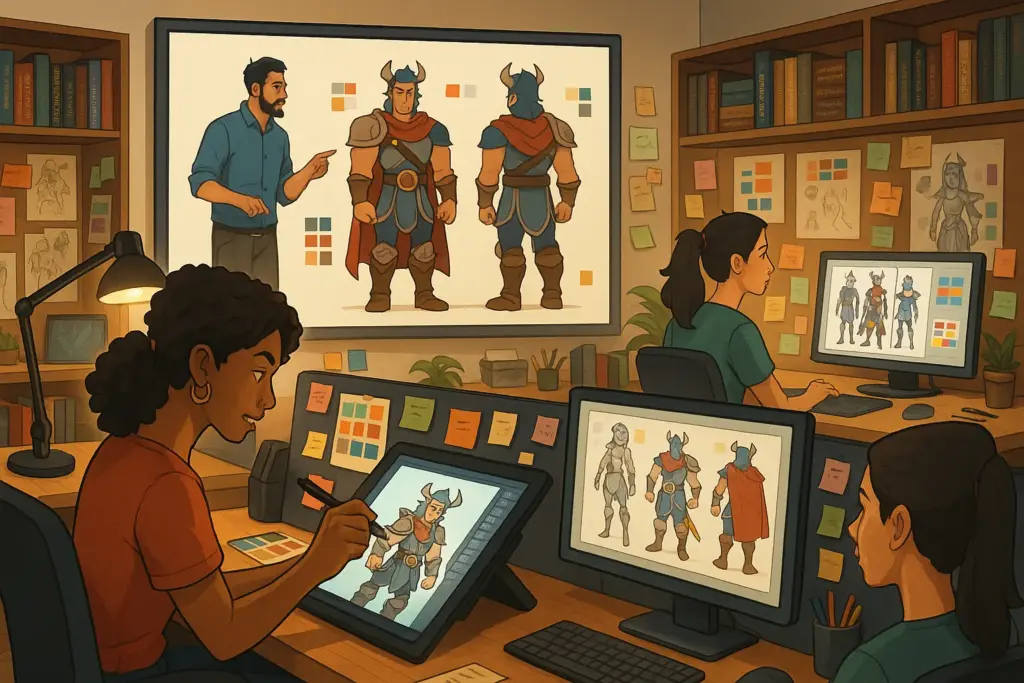 Equipe colaborando em design de personagem 2D com arte conceitual em tela grande e várias versões visuais em monitores