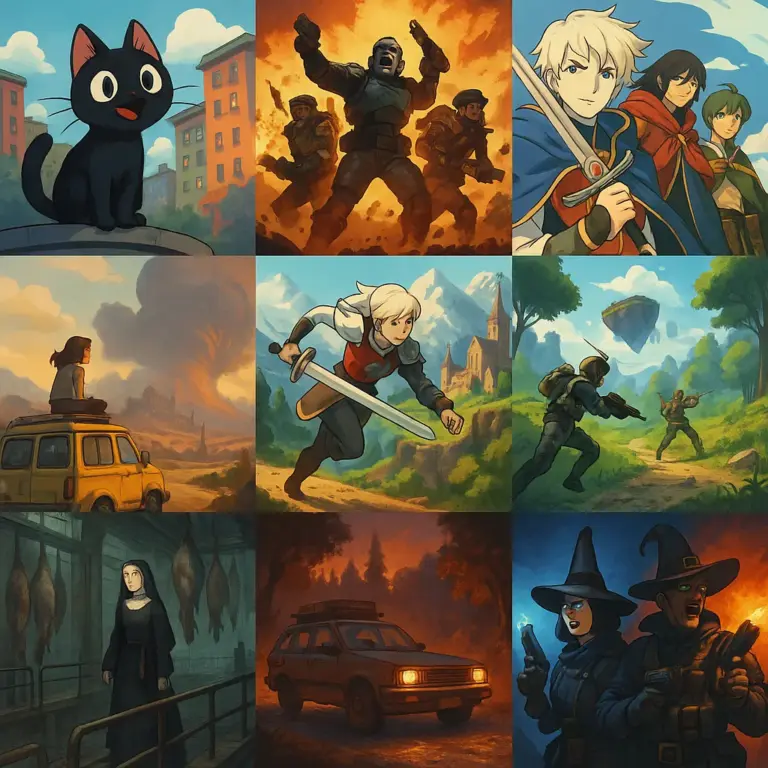 Uma colagem de nove ilustrações digitais apresenta cenas dos principais jogos de vídeo indie e de fantasia de 2024, incluindo um gato preto, batalhas de fantasia, freiras e cenários apocalípticos.