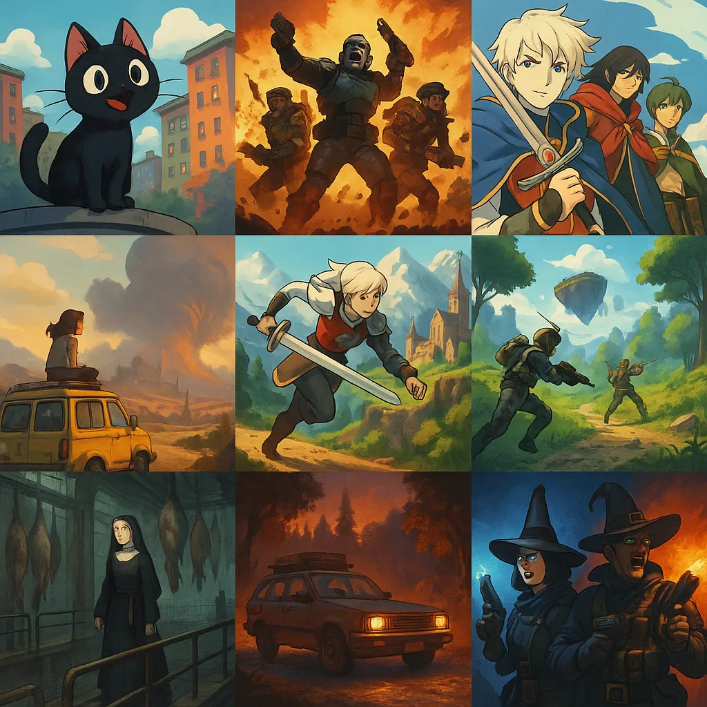 Uma colagem de nove ilustrações digitais apresenta cenas dos principais jogos de vídeo indie e de fantasia de 2024, incluindo um gato preto, batalhas de fantasia, freiras e cenários apocalípticos.
